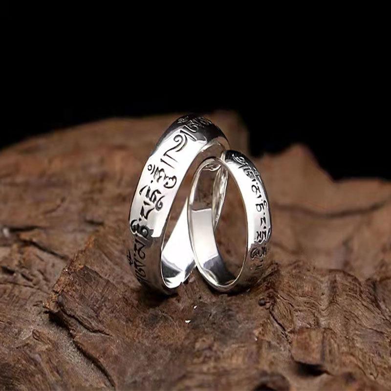 925 Silver Plated Retro Thai Six-Character Mantra Ring for Men & Women - Trendy Tibetan Silver Couple Pinky Ring