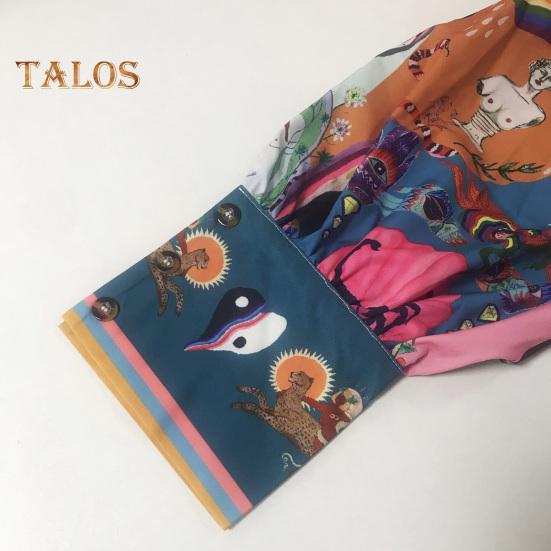 Sukienka damska na jesień i lato ze stójką, jednorzędowa, z długimi rękawami typu latarnia, wąska talia, vintage, falbaniasta, plisowana, kolorowa, z nadrukiem, mini sukienka