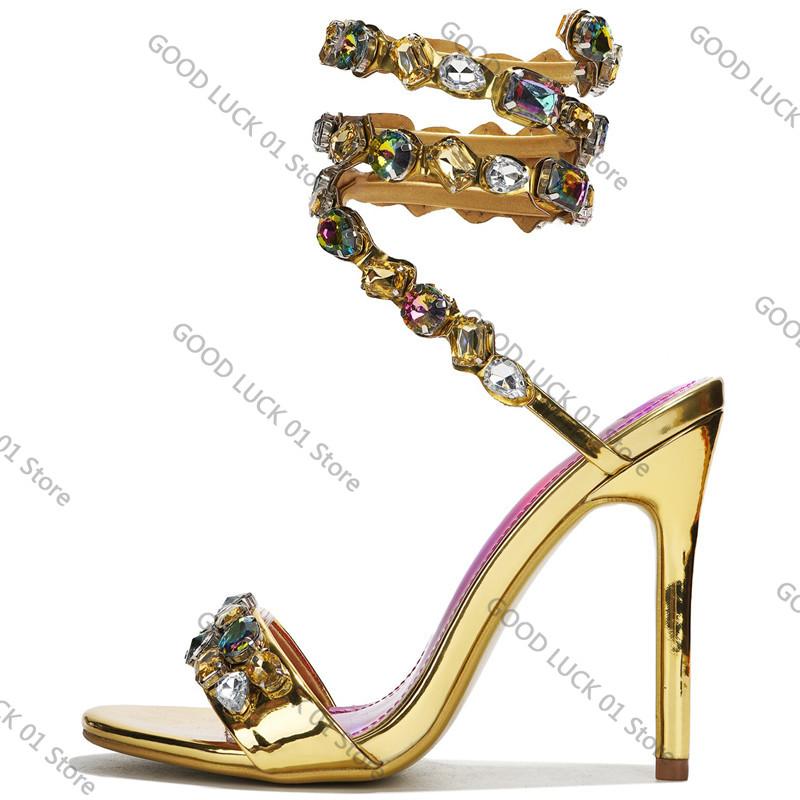 

Fashion Star style Luxury Crystal Embellished Wraparound Women Sandals Stiletto High heels Gladiator Sandals Summer Wedding Prom Shoes 39