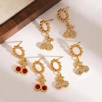 Simple Design Fruit Cherry Earrings Gold-Plated Zircon Stainless Steel Earring For Women Daily Wearing Party Gifts