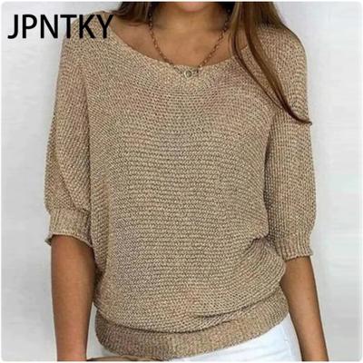 JPNTKY Mode Femme Décontracté Couleur Unie Imprimé Automne Hiver Manches 3/4 Col O Pulls Amples