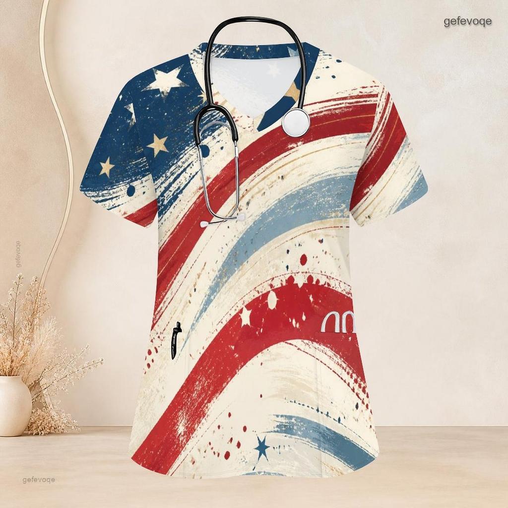 Women Plus Size V Neck Short Sleeve American Flag Printed Nurse Scrub Top With Front Pockets