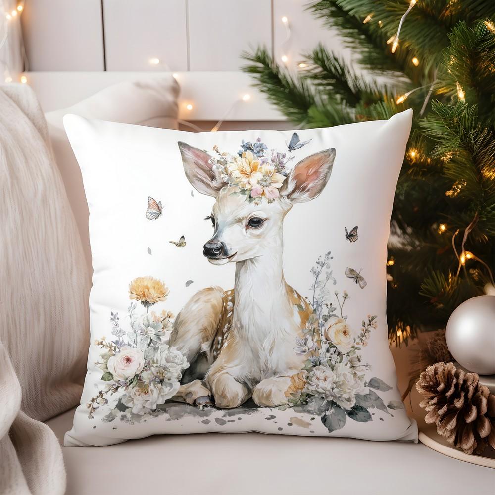 Home Decor Deer with Flowers and Butterflies Pillow Cover Pattern Cushion Cover Suitable for Sofa Bedroom Car Pillow Cover