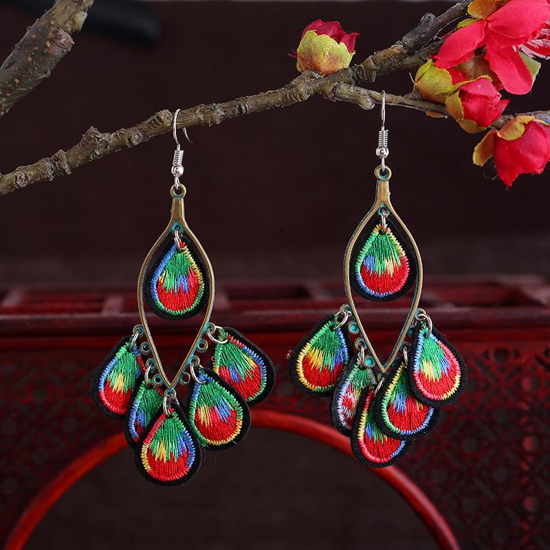 

Original retro fabric earrings women s long water drop tassel Yunnan vacation earrings performance versatile earrings