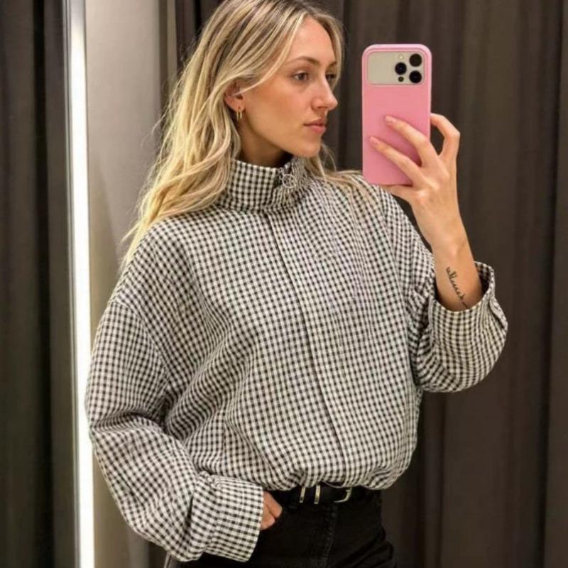 Women S Black White Plaid Stand Collar Zip Up Jacket Coat