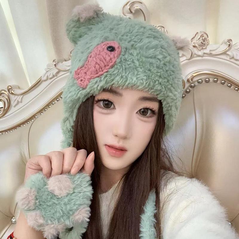 Cute Cat Claw Plush Hat for Women's Ear Protection Lei Feng Hat Knitted Cartoon Riding Warm Versatile Bag Head Hat Men