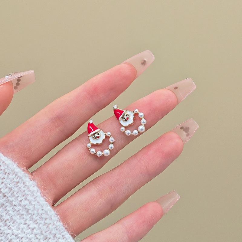 New Trendy Santa Claus Stud Earrings for Women Imitation Pearl Beads Hollow Round Small Earrings Christmas Day Ear Jewelry