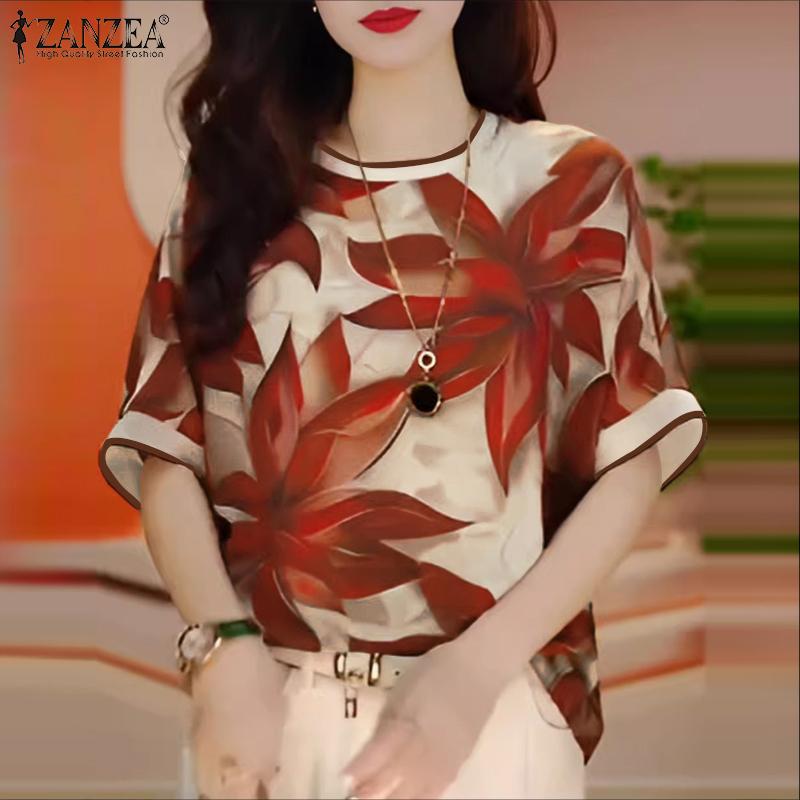 ZANZEA Damen Lässig Rundhals Locker Sommer Kurzarm Print Bluse