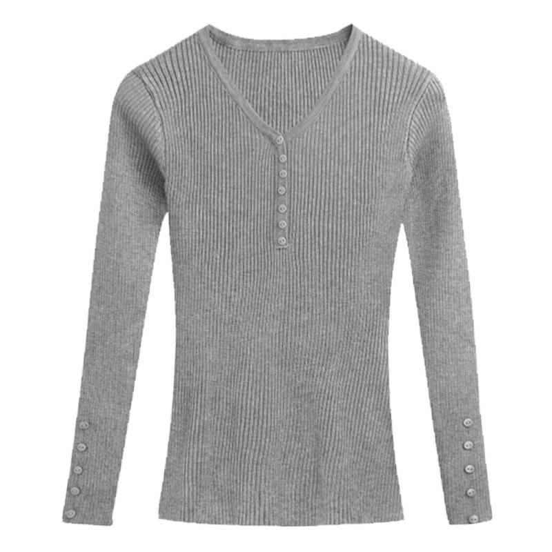 Herbst- und Winter V-Ausschnitt Pullover für Damen Mode Langarm Slim Fit Strickpullover Frau Einfarbig Lässig Basis Strickwaren Jumper 24874