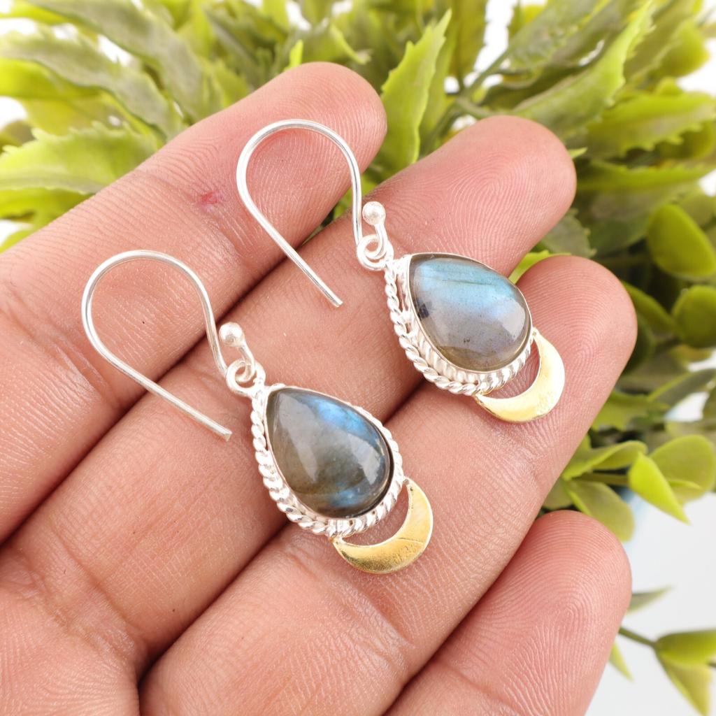 Labradorite Gemstone 925 Solid Silver Jewelry Handmade Earrings 1.5" For Wedding EE-162-27