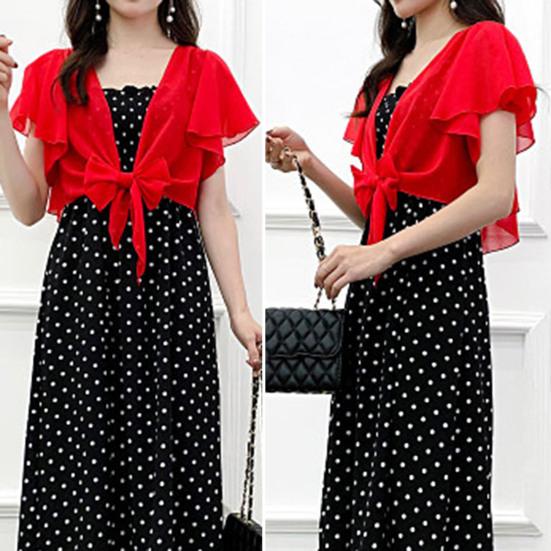 Ruffle Sleeve See-Through Front Lace-up Lady Cover-Up Chiffon Short Jacket Sunscreen