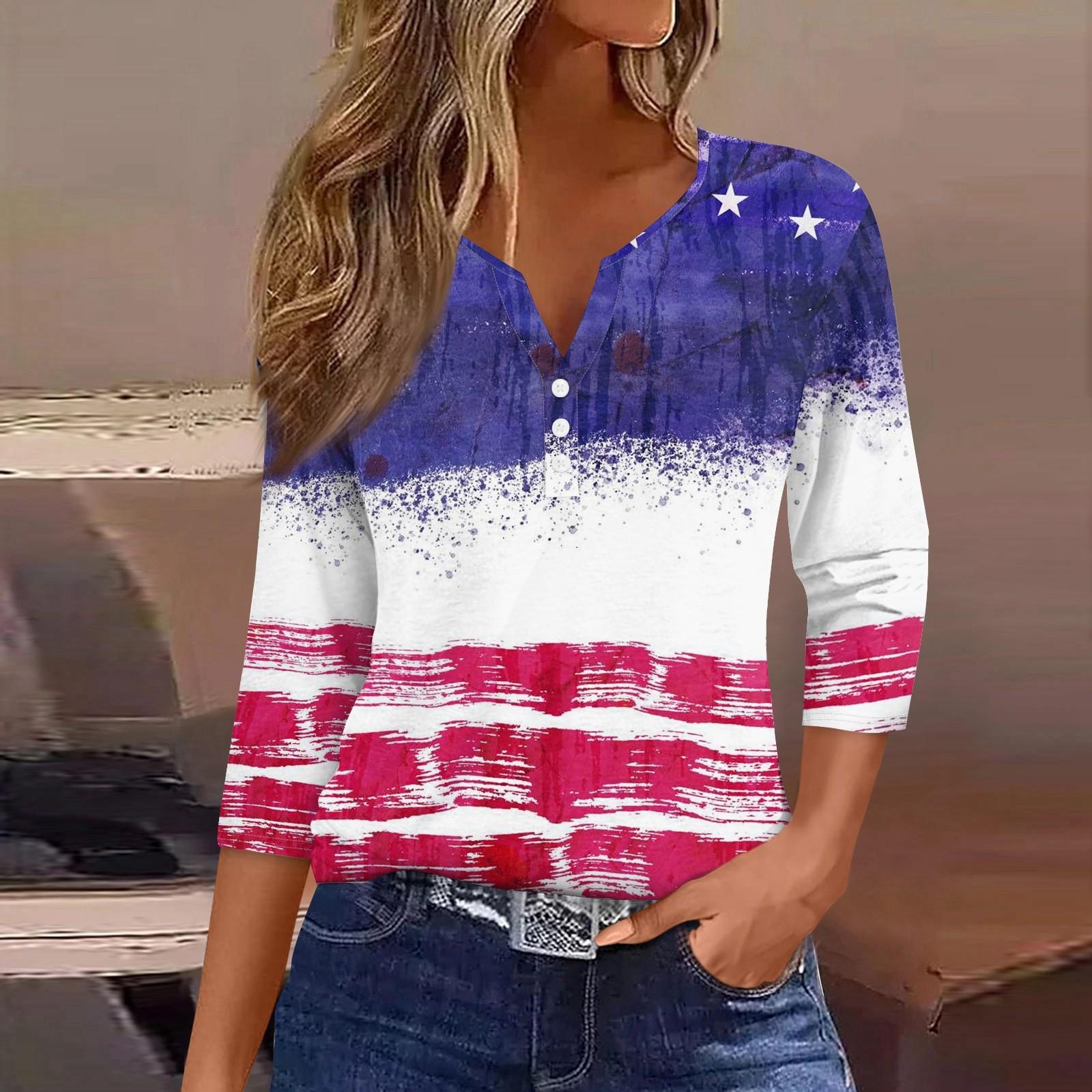 

Жен. Футболка Футболка С принтом Пуговицы Рукав 3/4 Повседневные Выходные Мода Классический Классический V-образный вырез Обычный Верх XXL