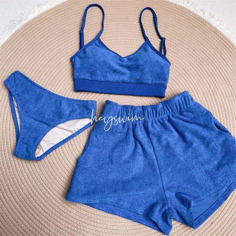 

Корейский однотонный махровый камизол и свободные шорты женский купальный костюм XL синий