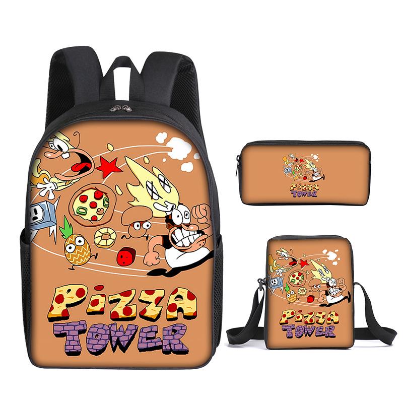 Mode Nouveauté Luxe tour à pizza Impression 3D 3 pièces/Ensemble élève Sacs d'école Sac à dos pour ordinateur portable Sac à dos Sac à bandoulière incliné Trousse à crayons