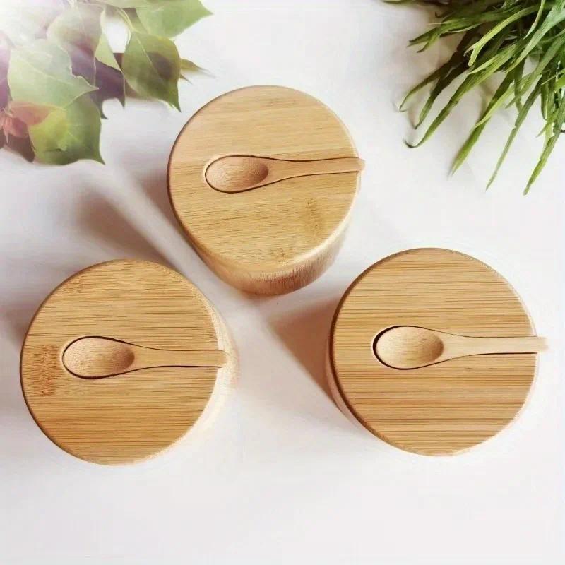 Bamboo Salt Pepper Seasoning Jars Set Wooden Condiment Storage Box with Lid Multi Bowls Function