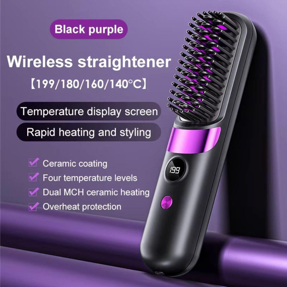 USB Charging Hair Straightener Brush LCD Display Electric Straightening Comb  Travel Use
