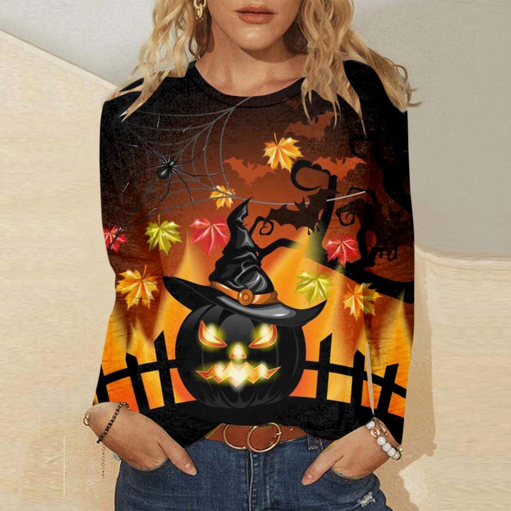 Dames avslappet mote Halloween-trykk langermet genser T-skjorte topp