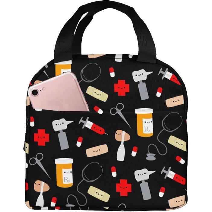 Nurse Theme Lunch Bag for Women Insulated Tote Bag Reusable Cooler Lunch Box for Work Picnic Travel, One Size