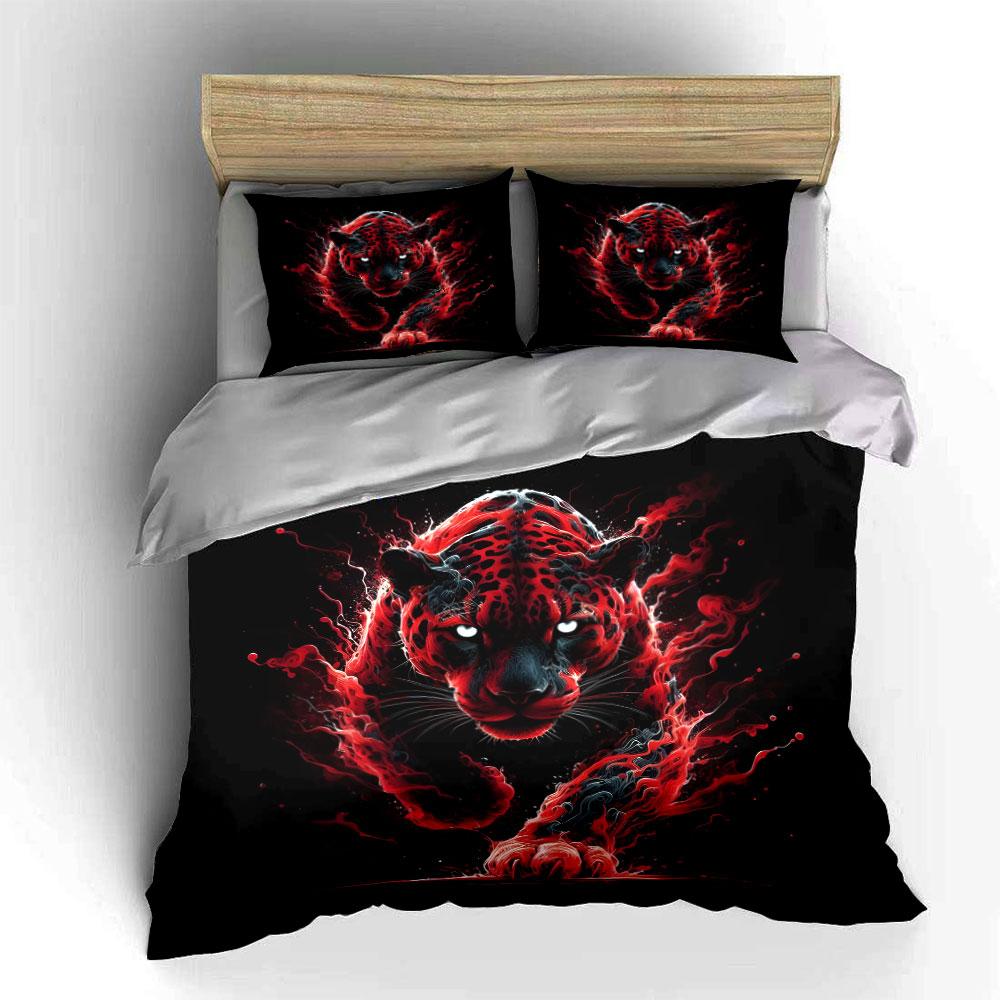 3Pcs Red Jaguar With Fiery Effects Print Bedding Set 1 Duvet Cover 2 Pillowcases For Adult And Children Luxury Gift Full Size