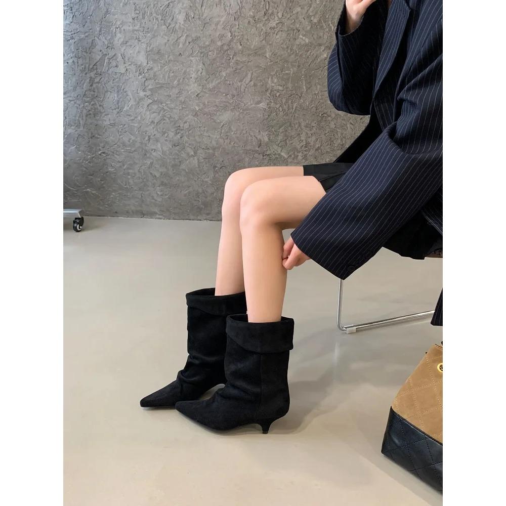 Stivaletti da Donna Vintage Punta Sottile Tacco Basso Scarpe Autunno Inverno Stivaletti Corti