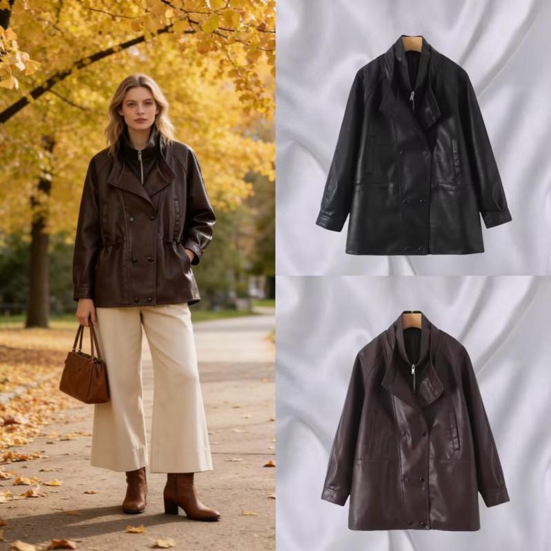 Unisex Double Collar PU Leather Biker Jacket Oversized Streetwear Outerwear Winter