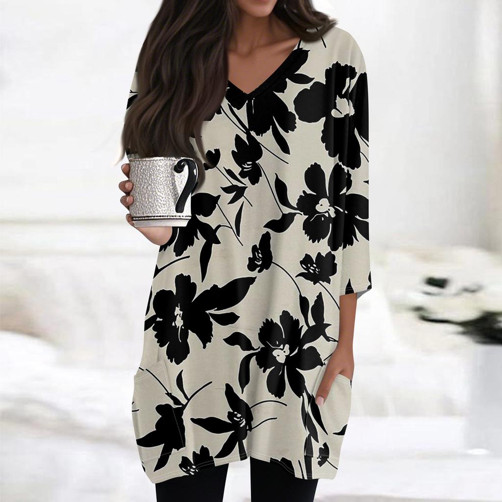 Damen Casual V-Ausschnitt 3/4 Ärmel Vintage Blumendruck Top