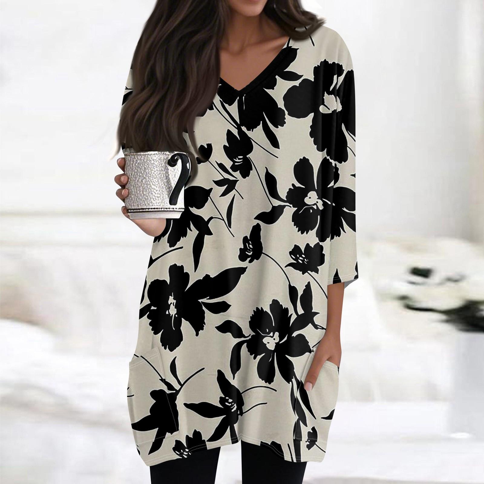 

Женский повседневный топ с V-образным вырезом и рукавом 3/4 с винтажным цветочным принтом L бежевый