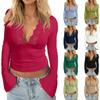 Damen Einfarbig Langärmlig Slim Fit V-Ausschnitt Patchwork Spitze Top