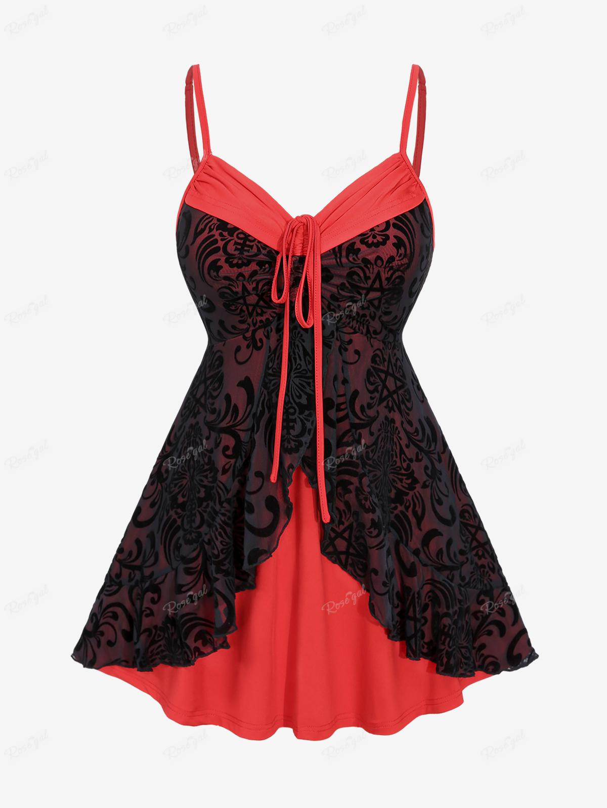 

Rosegal Готический винтажный топ на бретельках с цветочным принтом и звездами из флока со складками и многослойной оборкой по подолу(Регулируемый плечевой ремень)