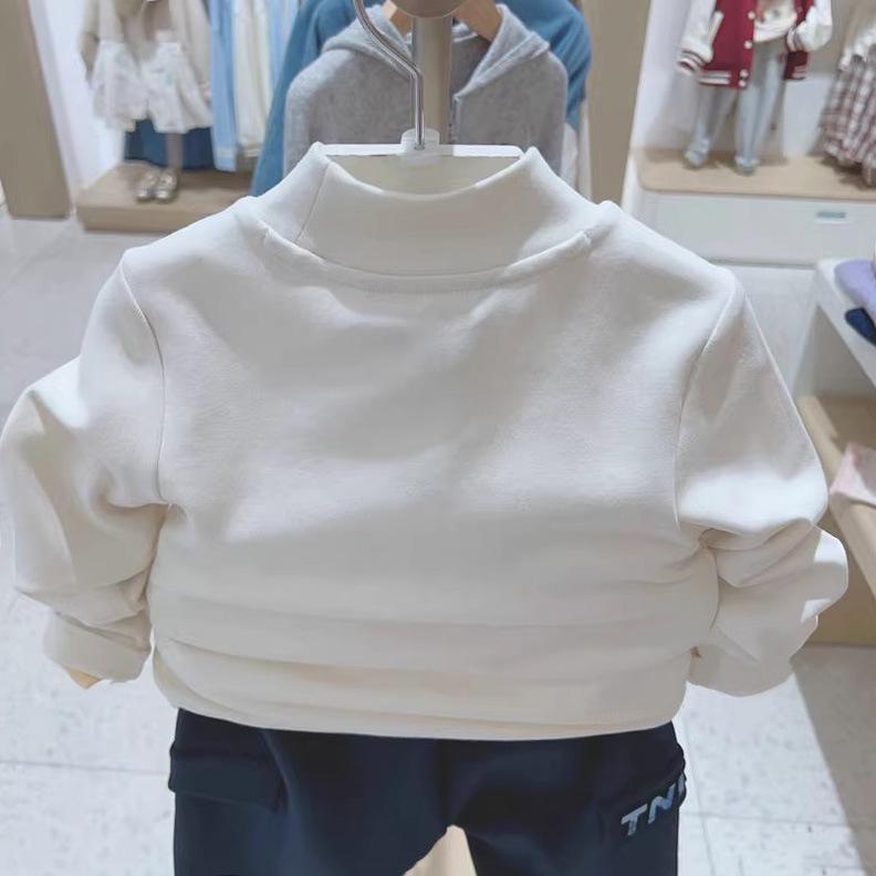 Kids' Long-Sleeve Cotton T-Shirt - Korean Style, Semi-High Collar, Spring/Autumn Wear