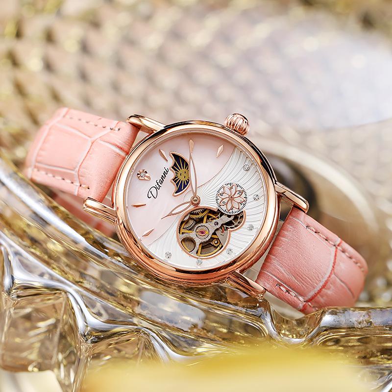 Genuine Automatic Mechanical Waterproof Watch for Women - Trendy Multi-Functional with Day, Date, Month, Year, and Starry Design.