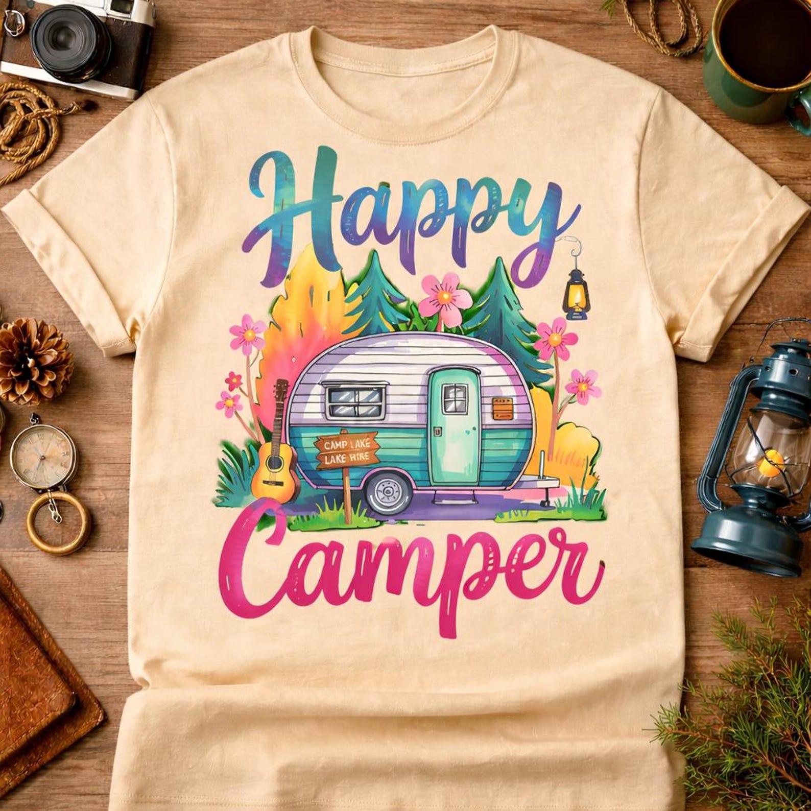 Happy Camper Shirt, Retro Floral Camping T-Shirt, Boho RV Life Tee, Colorful Outdoor Adventure Shirt, Camping Queen, Summer Camp Lake Hike 2XL