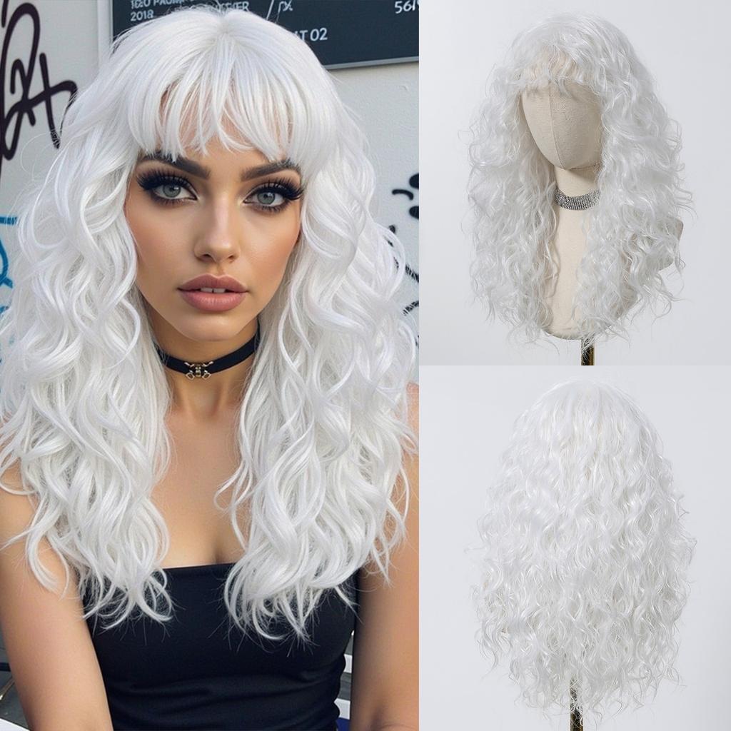 Platinum 613 Blonde Wig Long Wavy Synthetic Wig with Bangs Curly Mixed Golden for Women Cosplay Party Daily Use Heat Resistant