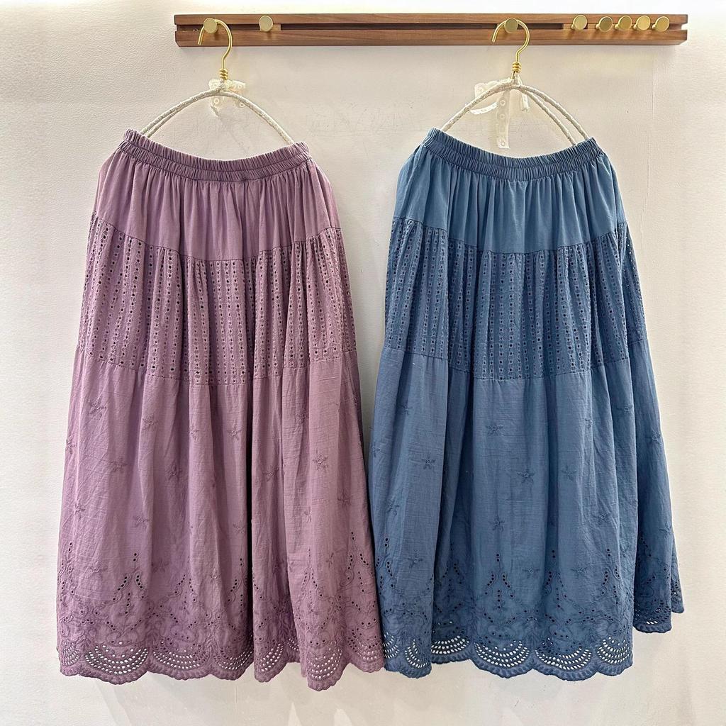 Japanese Inspired Cotton Embroidered A-line Midi Skirt for Spring and Summer