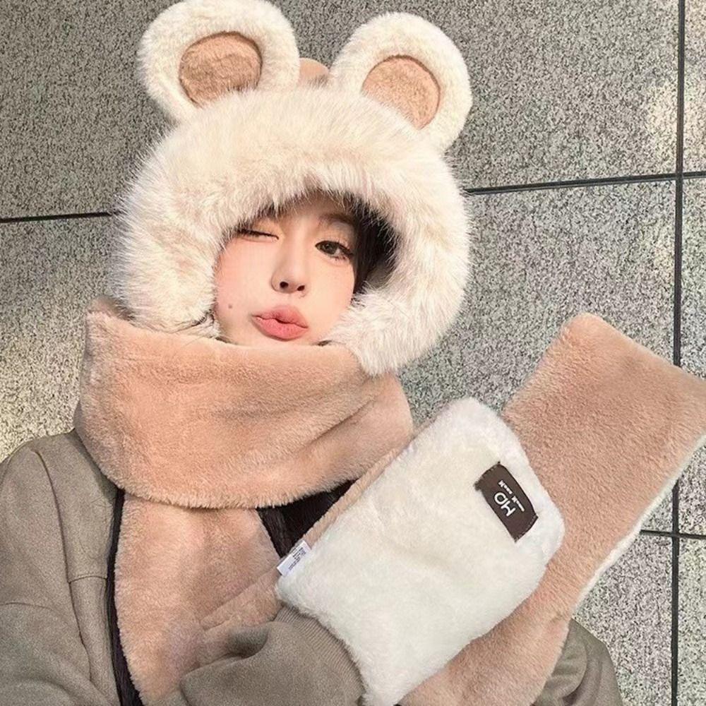 Cute Scarf Hat Glove for Women Embroidery Bow Furry Scarf Cap Set Bear Ears Plush Hat  Outdoor