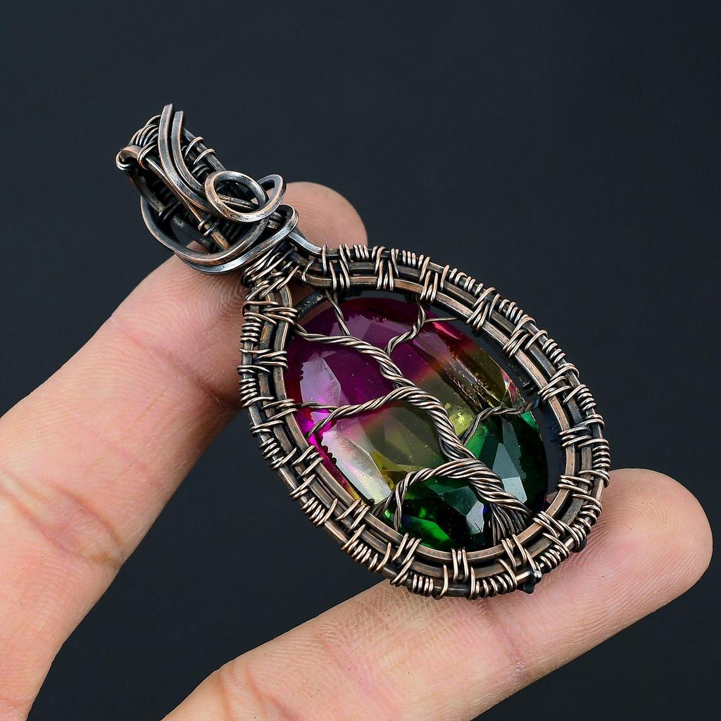 Tree Of Life Tri Color Labradorite Gemstone Handmade Pure Copper Wire Wrap Jewelry Pendant