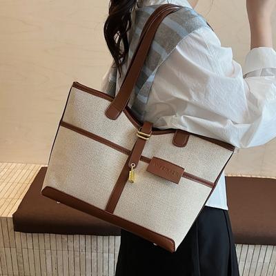 Simple Color-blocking Canvas stitchingPUTote Bag with Decorative Clasp, Versatile for Daily Commuting, Underarm Bag