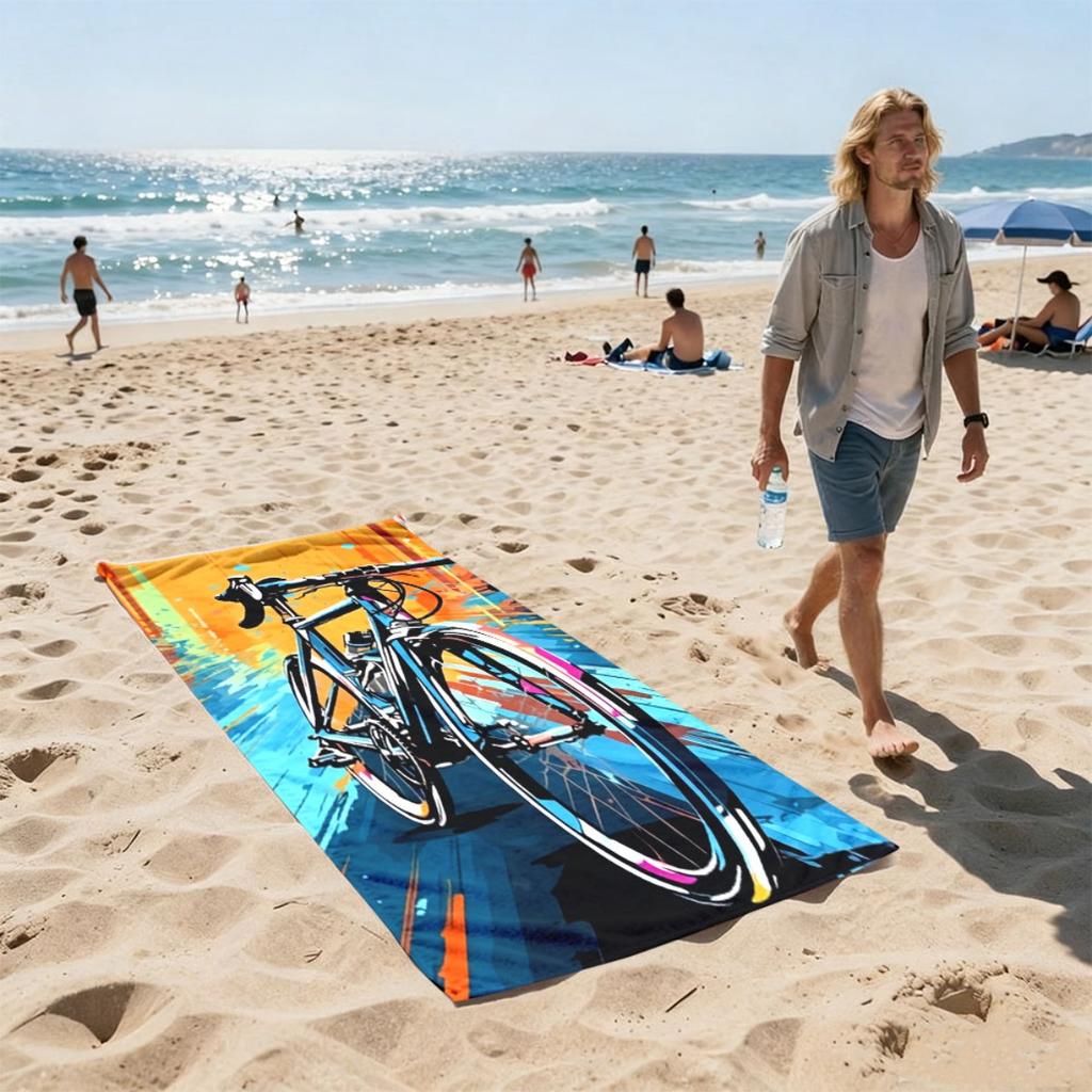 Road Cycling Graffiti Art Style Polyester Microfiber Beach Towel Is Highly Absorbent, Suitable for Swimming and Beach Outings