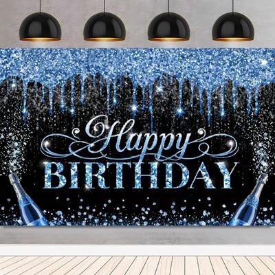 Champagne Blue Gold Theme Happy Birthday Background Glitter Balloon Men Women Birthday Decoration Home Photography Backdrop