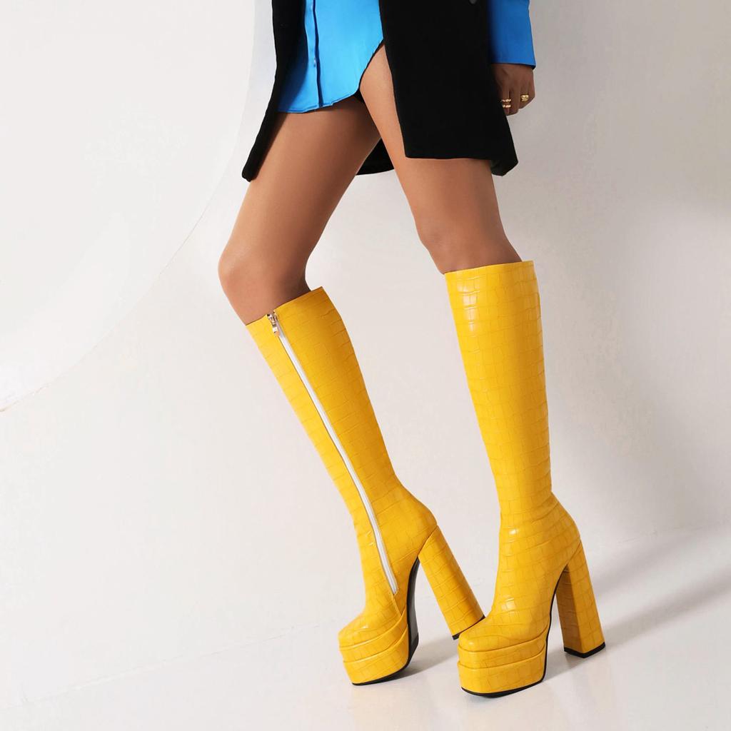 Krazing Pot PU Autumn Winter Shoes Super High Heels Stone Patterns European Design Platform Keep Warm Thigh High Boots