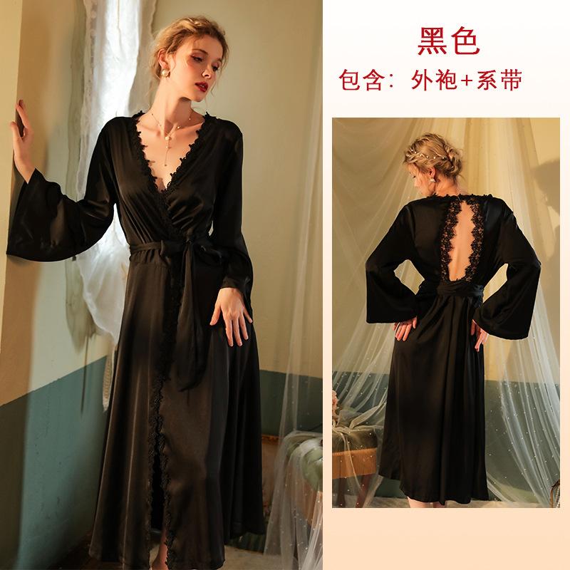 Sexy sexy nightgown long bathrobe pajamas women s long-sleeved halter women s satin loungewear S