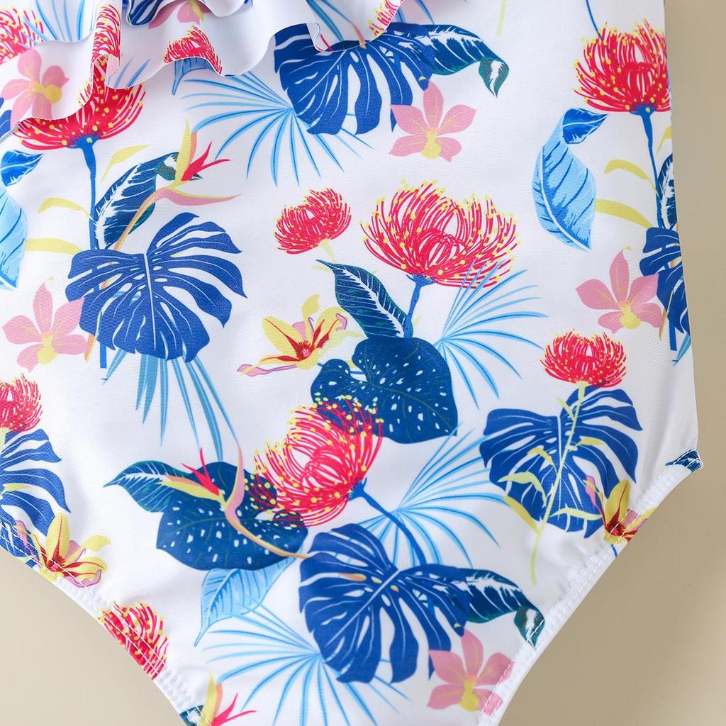 Girls' Floral One-Shoulder Swimsuit with Cute Print