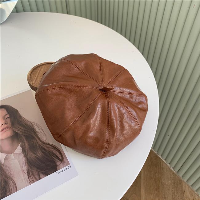 Autumn and Winter Color Painter Hat British Retro Pu Beret Korean Octagonal Hat Trend