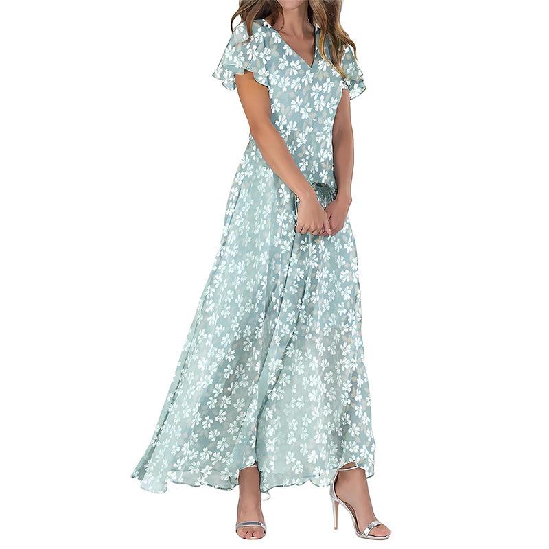 Summer long dress V-neck short-sleeved printed chiffon dress elegant temperament