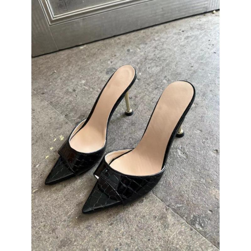 New European and American sexy snakeskin pattern pointed thin high-heeled cool slippers simple solid color large size banquet shoes