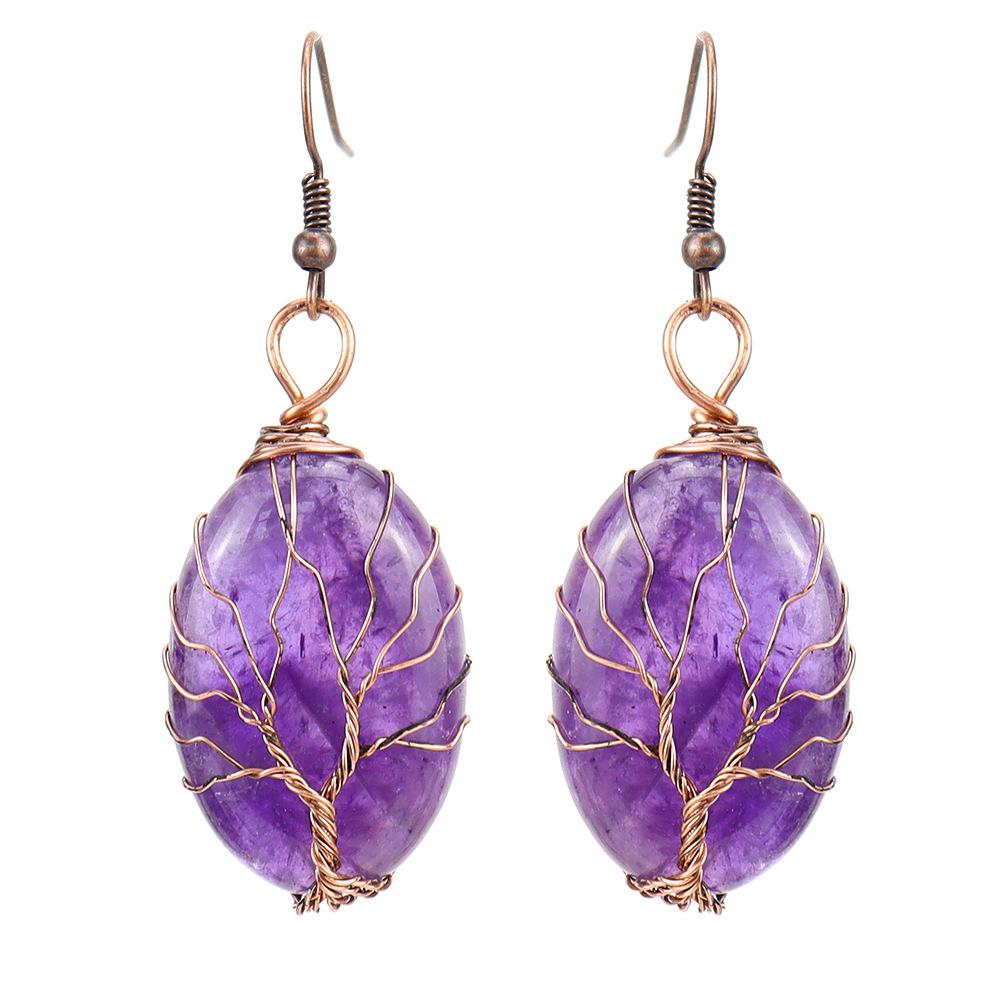 Tiktok Live Retro Handmade Winding Natural Amethyst Crystal Stone Curved Tree Of Life Earrings Earrings E48