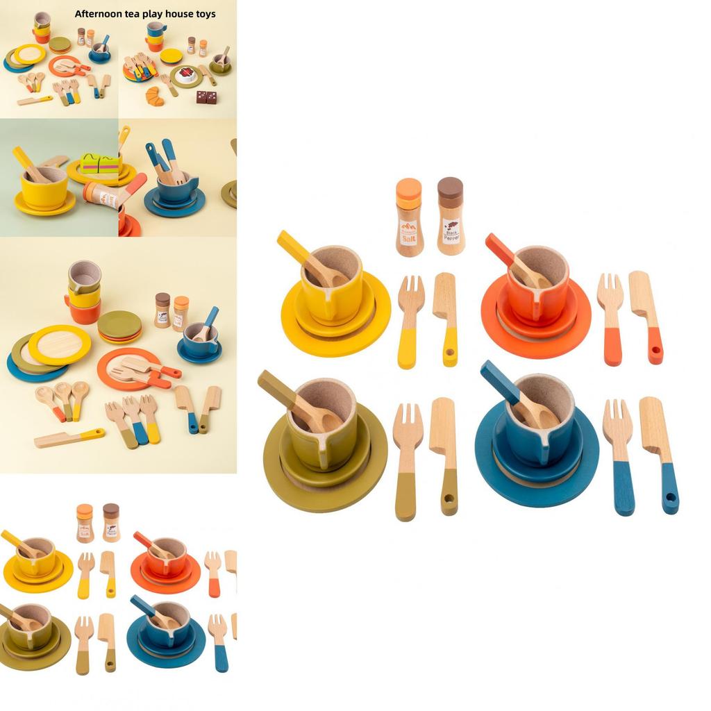 Childrens Tea Set With Wooden Cake And Pastry Playset For Imaginative Role Play