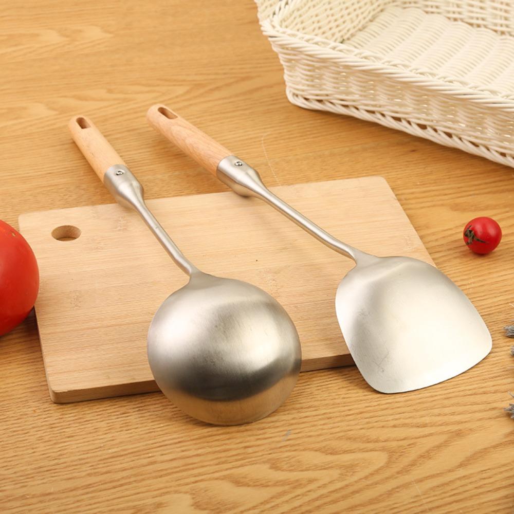 Wood Handle Cooking Shovel Long Handle Rice Spoon Ladle Stainless Steel Wok Spatula  Restaurant