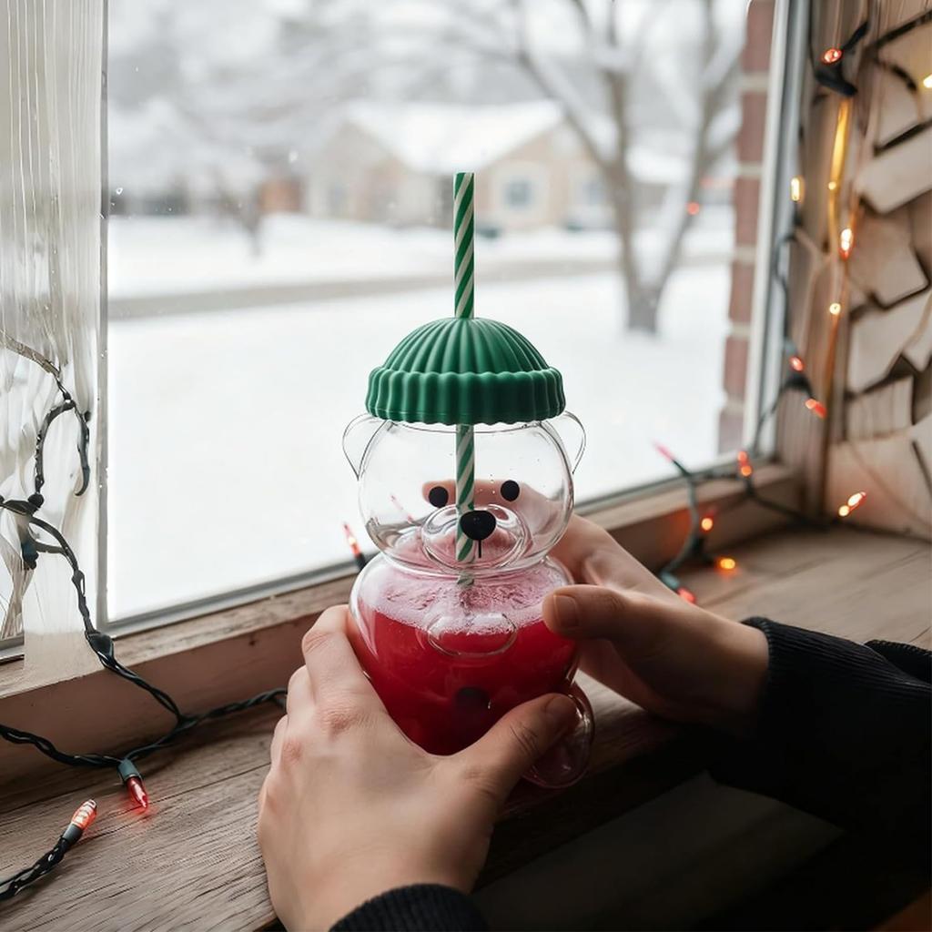 Bear Straw Cup Christmas Bear Coffee Cup Cute Bear Glass Cup Holiday Glass Cup Birthday Christmas Gifts for Women Kids Friends