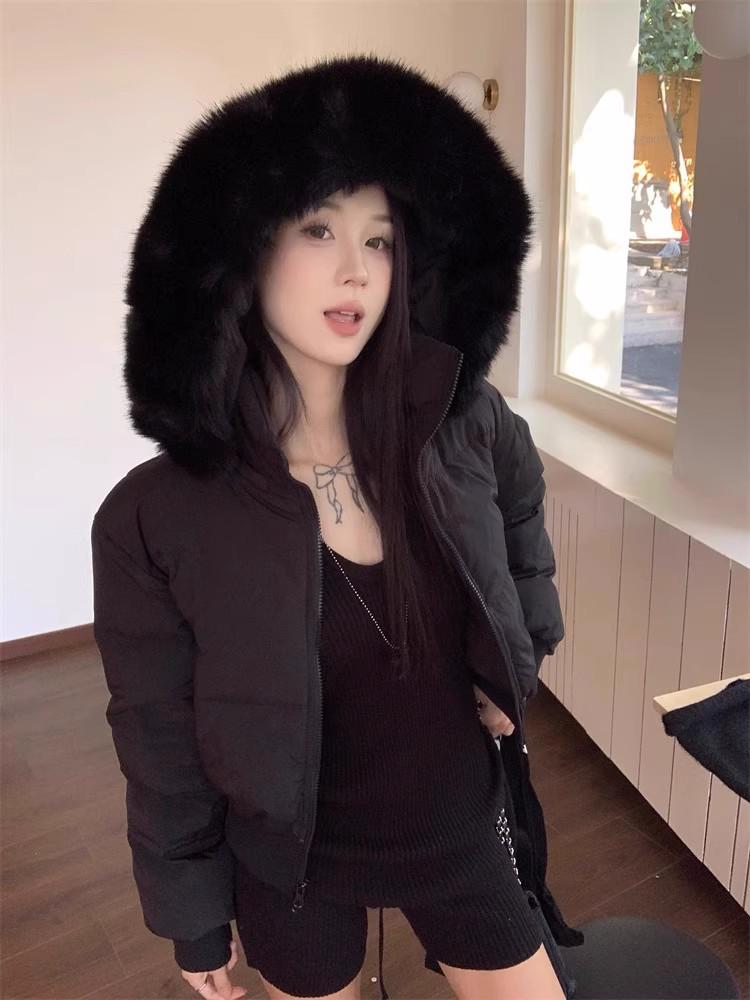 Women's Winter Retro Navy Blue Hooded Cotton-Padded Jacket - Thick & Warm Design